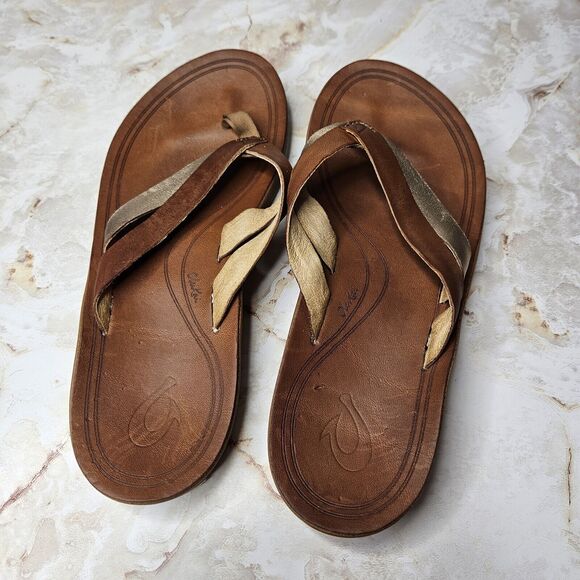 Olukai Kaekae sandals size 7 Leather Flip Flops Sahara Bubbly Golden - Picture 4 of 5